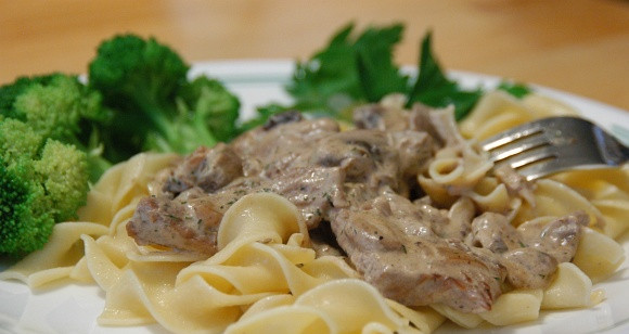 1. Этап. Бефстроганов с грибами и луком: Блюдо подавать с лапшой или рисом. Приятного аппетита!