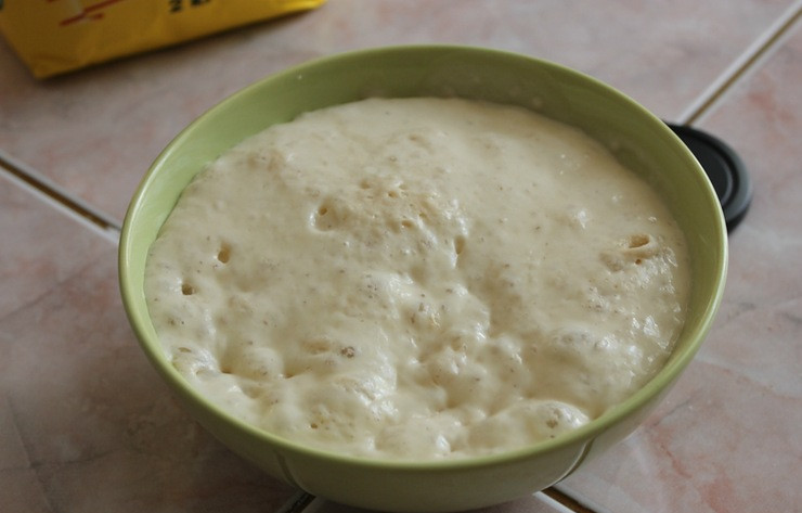 1. Этап. Чиабатта с луком: Насыпаем в миску 100 гр. муки, вливаем 100 мл теплой воды, добавляем дрожжи и сахар. Перемешиваем все и оставляем на полчасика в теплом месте.