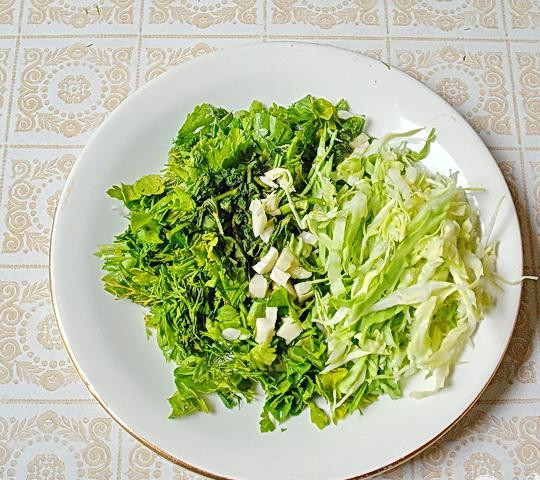 1. Этап. Солянка с ветчиной и грудинкой: 3. Теперь тонко нарезаем молодой капусты (небольшой кусочек), после того как добавили мясо, сразу же бросаем в кастрюлю и капусту. Затем, минуты через три добавим сюда измельченный чеснок и зелень.