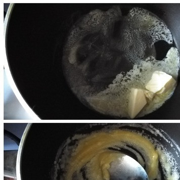 1. Этап. Сэндвич Сырные макароны: На сковороде растапливаем масло и вмешиваем 1 ст л муки, растирая её ложкой, чтобы не было комочков. Отправляем в эту массу рожки. Перемешиваем тщательно, снимаем с огня.