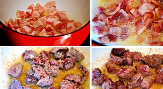 1. Этап. Говядина, тушенная с картошкой в кастрюле: 2. В кастрюлю налейте немного масла и обжарьте бекон до румяности. После аккуратно снимите его, а в кастрюлю выложите говядину. На среднем огне обжарьте до образования корочки.