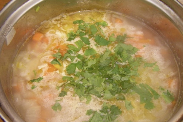 1. Этап. Рисовый суп с курицей: Как только картофель будет готов, добавляем в суп куриные кусочки, солим и добавляем зелень. Я обычно использую измельчённую петрушку. Приятного аппетита!