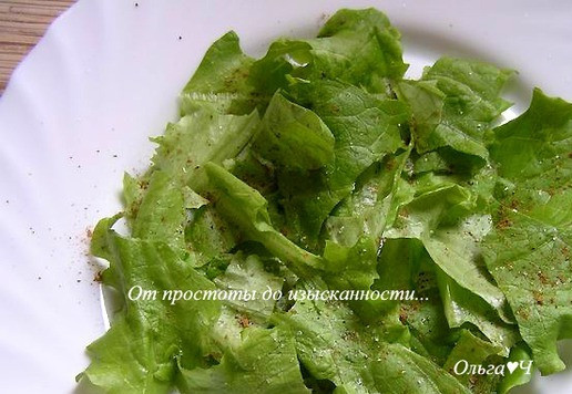 1. Этап. Салат с нутом, перцем и кабачком: На тарелки разложите порванные руками листья салата, посыпьте солью и смесью перцев.