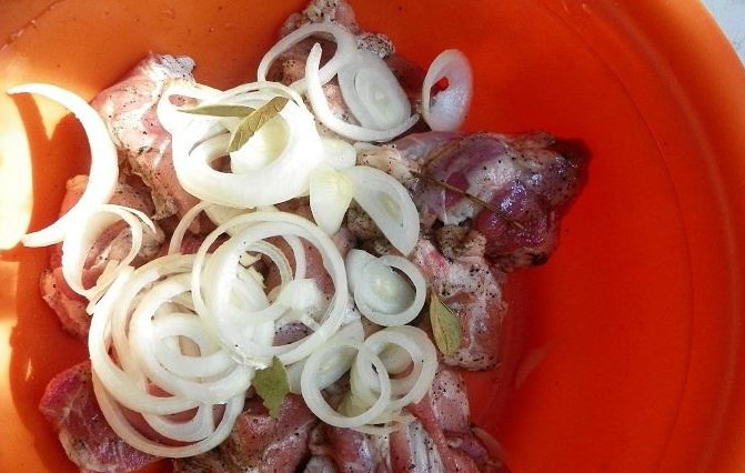 1. Этап. Быстрый маринад для шашлыка: Лук нарезали кольцами.