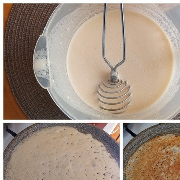 1. Этап. Блинчики Три стакана: Печём бличики. Нам нужен стакан ёмкостью - 250 мл для муки, молока и воды, чтобы их отмерить. Наливаем в посуду тёплое молоко, кладём сахар, разбиваем яйца и венчиком ручным всё соединяем. Добавляем муку и соль. Воду греем до крутого кипятка. Постоянно венчиком помешивая по часовой стрелке, вливаем кипяток. Теперь наливаем подсолнечное масло. Соединяем. Тесто очень жидкое, но не пугайтесь, блины отлично схватятся и перевернуться. Нужно очень хорошо нагреть сковороду. Подмазываем сковороду салом, на нём блины выпекутся вкуснее (это на мой вкус). Подмазываем сковороду не смотря на то, что она антипригарная. Я люблю использовать солёное сало. Тонким слоем разливаем тесто. Оно отлично разливается по сковороде. Жарим блины с обеих сторон до красивого цвета. Снимая блин со сковороды на тарелку, накрываем колпаком. Края не будут такими хрупкими и они дольше не остынут до подачи.