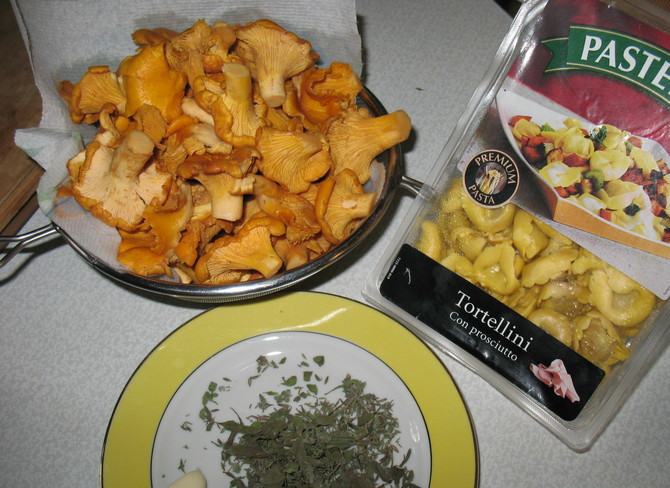 1. Этап. Тортеллини с грибами: Ставим на огонь кастрюльку с водой, солим ее и отвариваем в ней тортеллини. Грибы выкладываем на сухую сковороду и обжариваем пару минут.