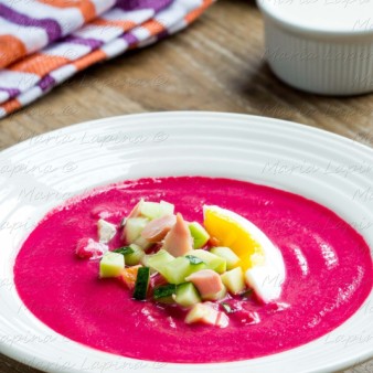 Cold beet soup with homemade yogurt